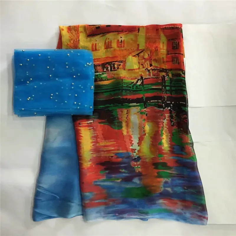

wonderful silk lace Fabric Satin For Dress good quality African Silk stretch digital printing with beads !lxe031806