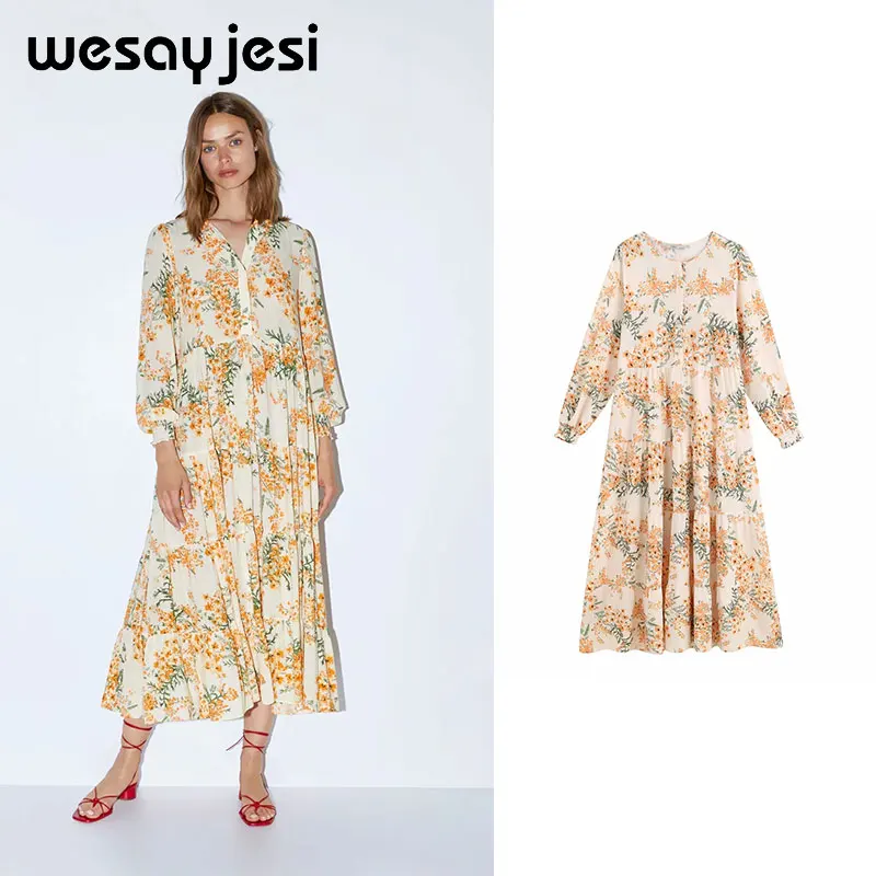 

2019 summer spring dress women vestidos england style long sleeve flower print sexy midi dress vestidos de fiesta party dress