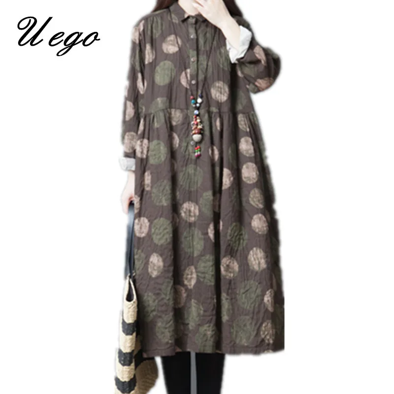 

Uego Korean design Prairie Chic Vintage Dress Soft Cotton Linen Printing Floral Shirt Dress Women Casual Midi Party Spring Dress