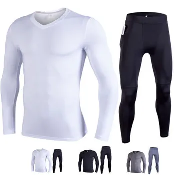 

2019 Men's Tracksuits Breathable Sports Tights 2pcs Running Sets V Neck Long Sleeves T Shirt Compression Fitness Gym Legging 3XL