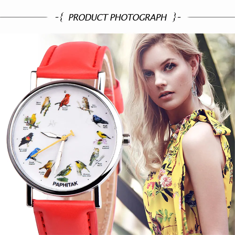

Women Elegant Quartz Wrist Watch with PU Leather Strap Bird Pattern Dial Casual Watches LL@17