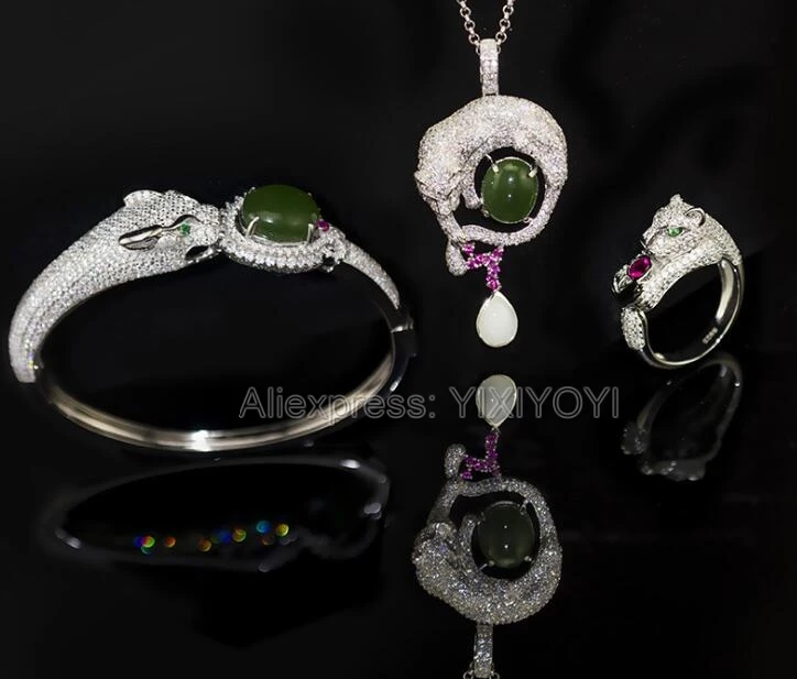 

925 Silver Natural Green HeTian Jade Beads Inlay Leopard Hug Blessing Pendant Necklace Bangle Ring Fine Woman's Jewelry Set