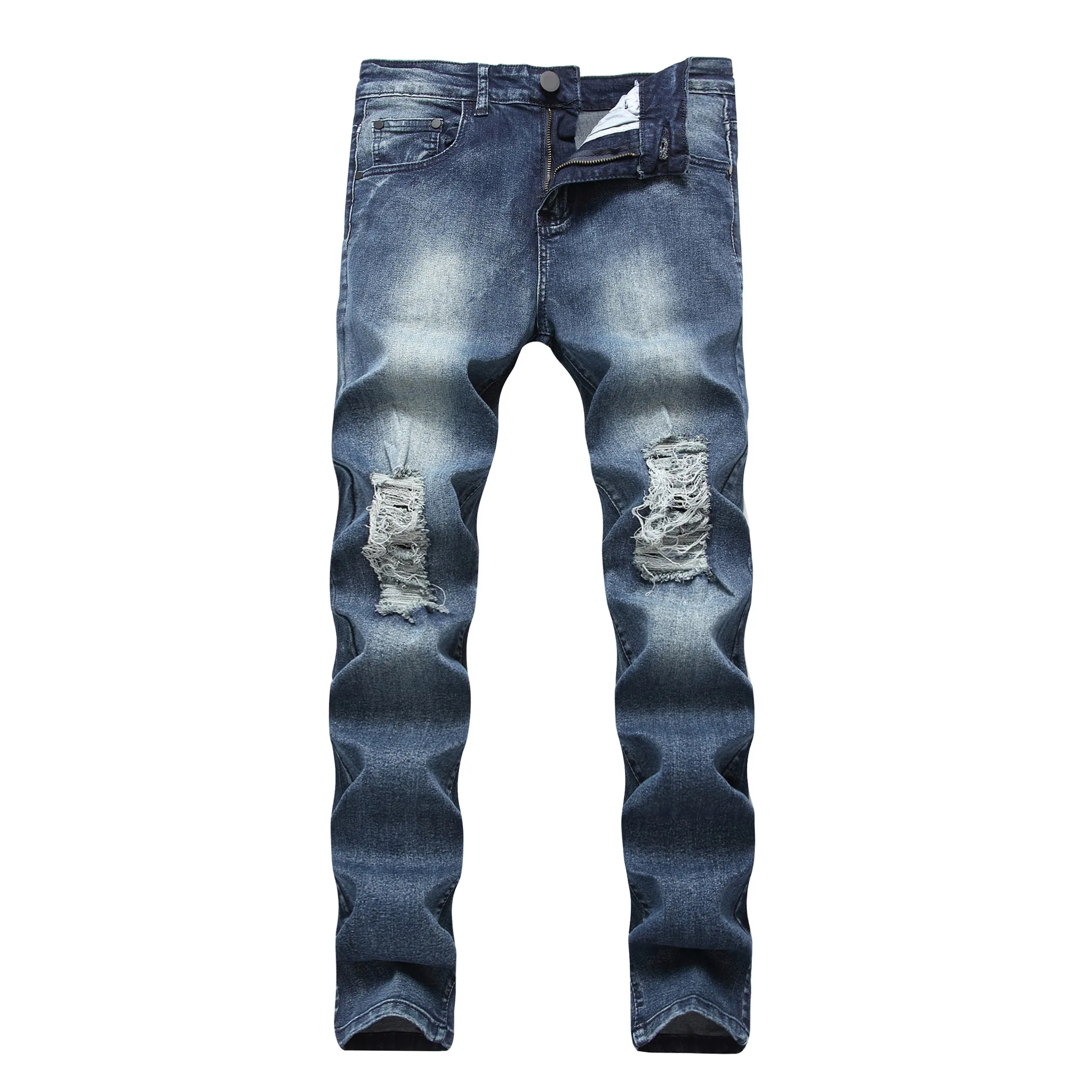 Ripped Skinny Biker Embroidery Knee Hole Jeans Destroyed Hole Taped Straight Denim Scratched High Quality Jeans Male slim fit jeans