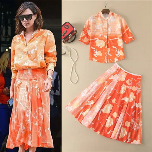 Европейский новый летний 2017 Блузки + Цветочный принт юбка костюм Дамская мода 2