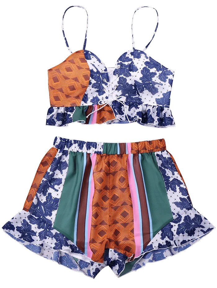 2018 New Fashion Summer Lace up Print Shorts Two Piece Set Sleeveless ...