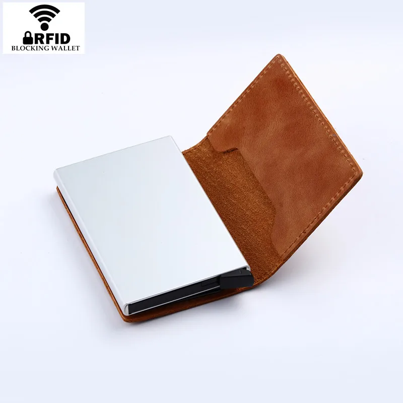 Online BISI GORO 2019 Unisex tarjetero de cuero genuino Vintage monedero Crazy Horse cuero Rfid aluminio crédito tarjetero