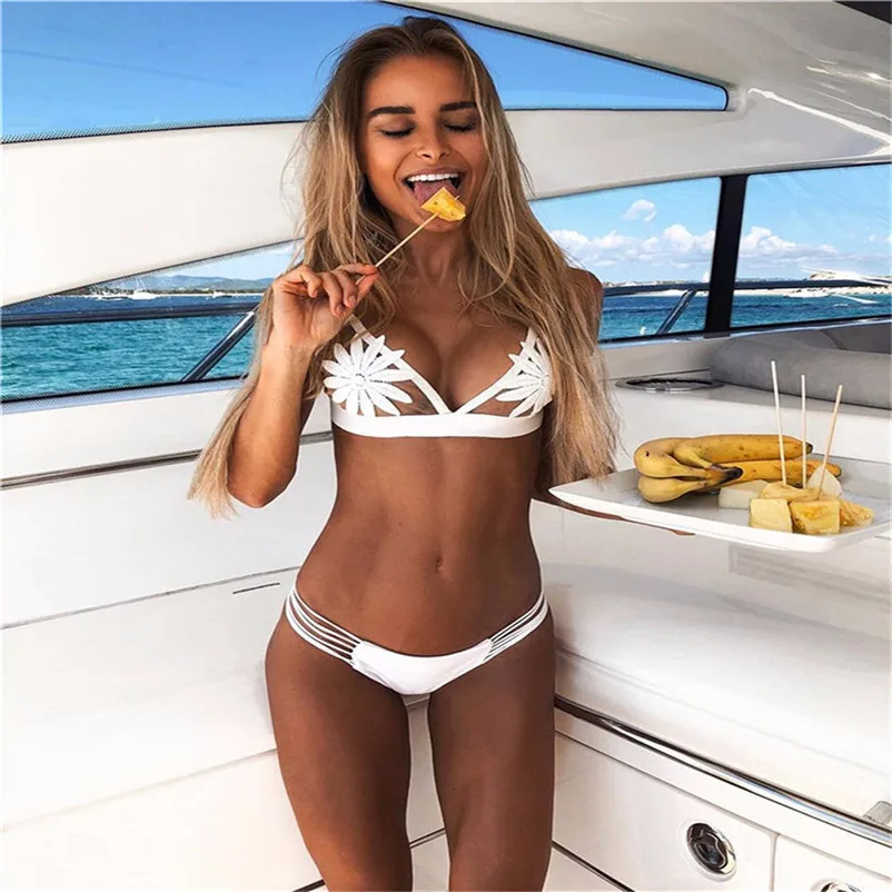 

2019 Sexy bikinis White Mesh Embroidered Flower Strappy Biquini Bathing Suit Swimsuit Thong Swimwear Women Brazilian Bikini B5