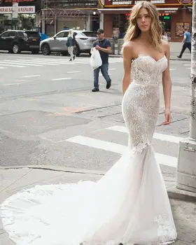 

2019 Elegant Sweetheart Mermaid Lace Tulle Boho Beach Wedding Dresses Bridal Gown Robe de mariee