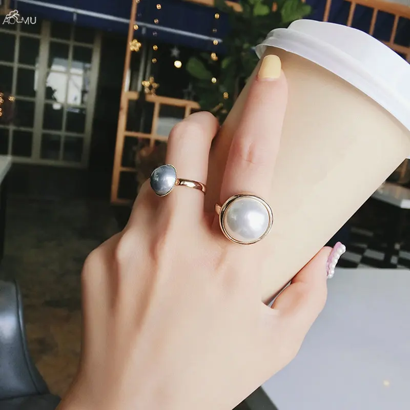 

AOMU 2PCS Korea Vintage Geometric Round Imitation Pearl Girls Birthday Ring Metal Gold Color Ring For Women Gift Jewelry