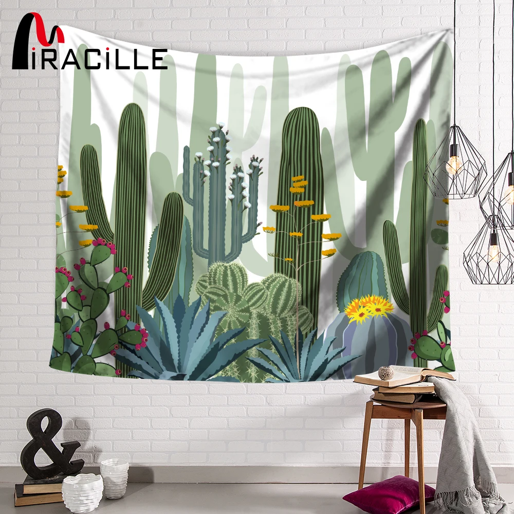 

Miracille Green Cactus Printed Wall Tapestry Home Plant Room Decorative Sofa Cover Wall Art Tapestry Hippie Carpet Beach Towel