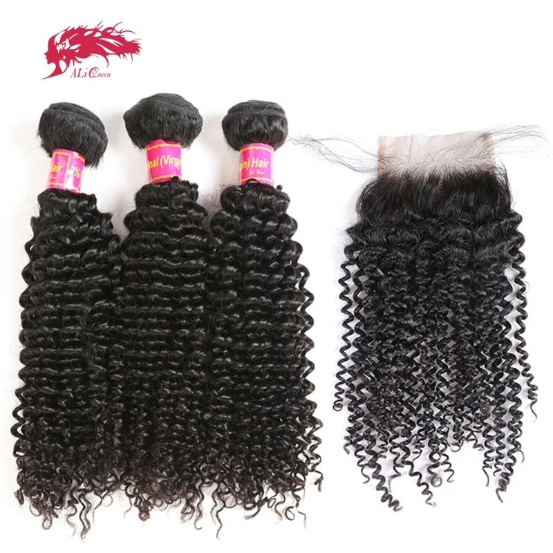 

Ali Queen Afro Kinky Curly Bundles With Closure One-Donor Unprocessed Virgin Brazilian Human Hair 4x4 Swiss Lace Free Part