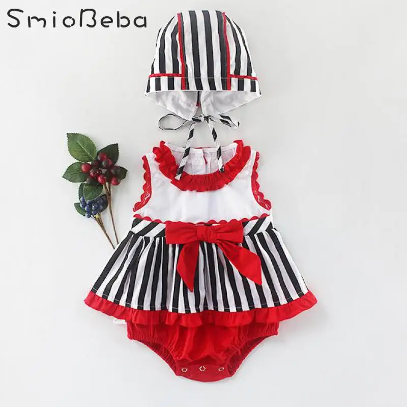 

Ins Korean Summer Of 2019 Baby Rompers Hats 2PCS Sets Girls Full-moon Baby 100-day Dress Butterfly Knot Princess Striped Rompers