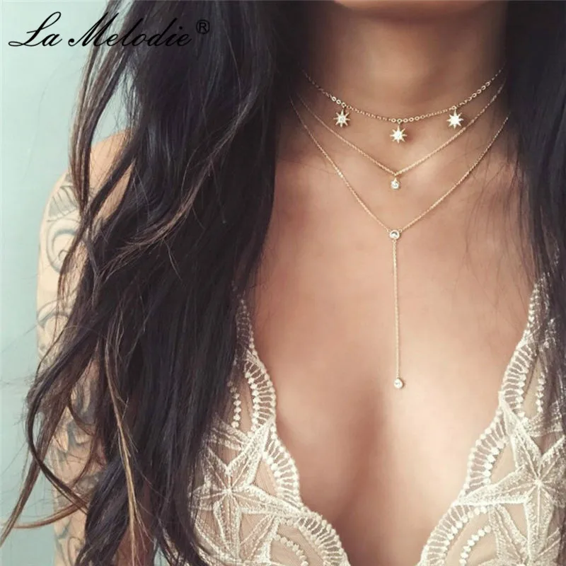 

New Bohemia Adjustable Multi-layer Necklace Shining Stars Pendant Link Chains Necklaces Choker Gift For Women Collar Jewelry