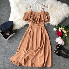 2019 mujeres verano vestido coreano lindo plisado de hombro vestido Boho playa fiesta Vestidos de Mujer Vestidos de gasa Midi 1662(China)