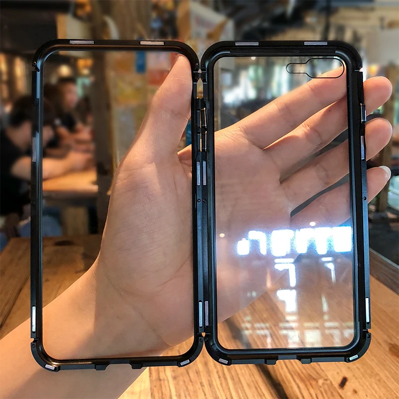 Магнитный задний Чехол для iPhone X 8 7 6 plus прозрачное закаленное стекло + Встроенный