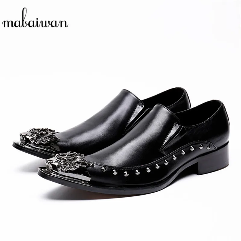 Mabaiwan Italy Black Fashion Men Shoes Rivets Slipper Flats Party Wedding Dress Casual Shoes Men Metal Toe Real Leather Loafers mabaiwan white men shoes handcrafted designer loafers smoking slipper wedding dress shoes men rivets party flats plus size 38 46