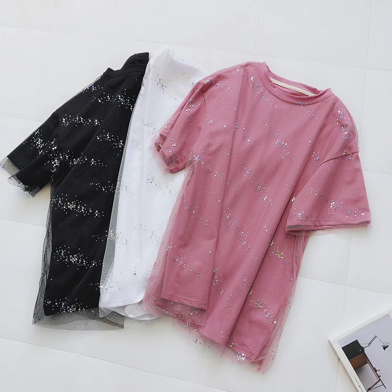 

mesh shine star women t-shirts solid pink loose elegant lady top tees diamond street wear short-sleeved girl tops outwear