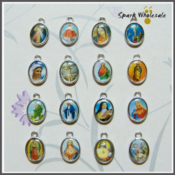 

100pcs/lot Wholese Religious Medals 15*10mm Assorted Saint Picture Miraculous Maria Divine Mercy Jesus Guadalupe Bracelet Charms