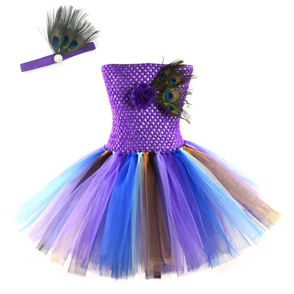 Purple Peacock Feather Girls Tutu Dress Baby Girls Birthday Party Dress