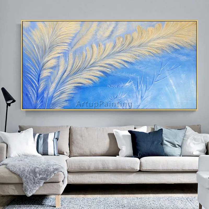 

Modern abstract feather painting acrylic blue Canvas painting Abstract art Wall art Pictures for living room home decor cuadros