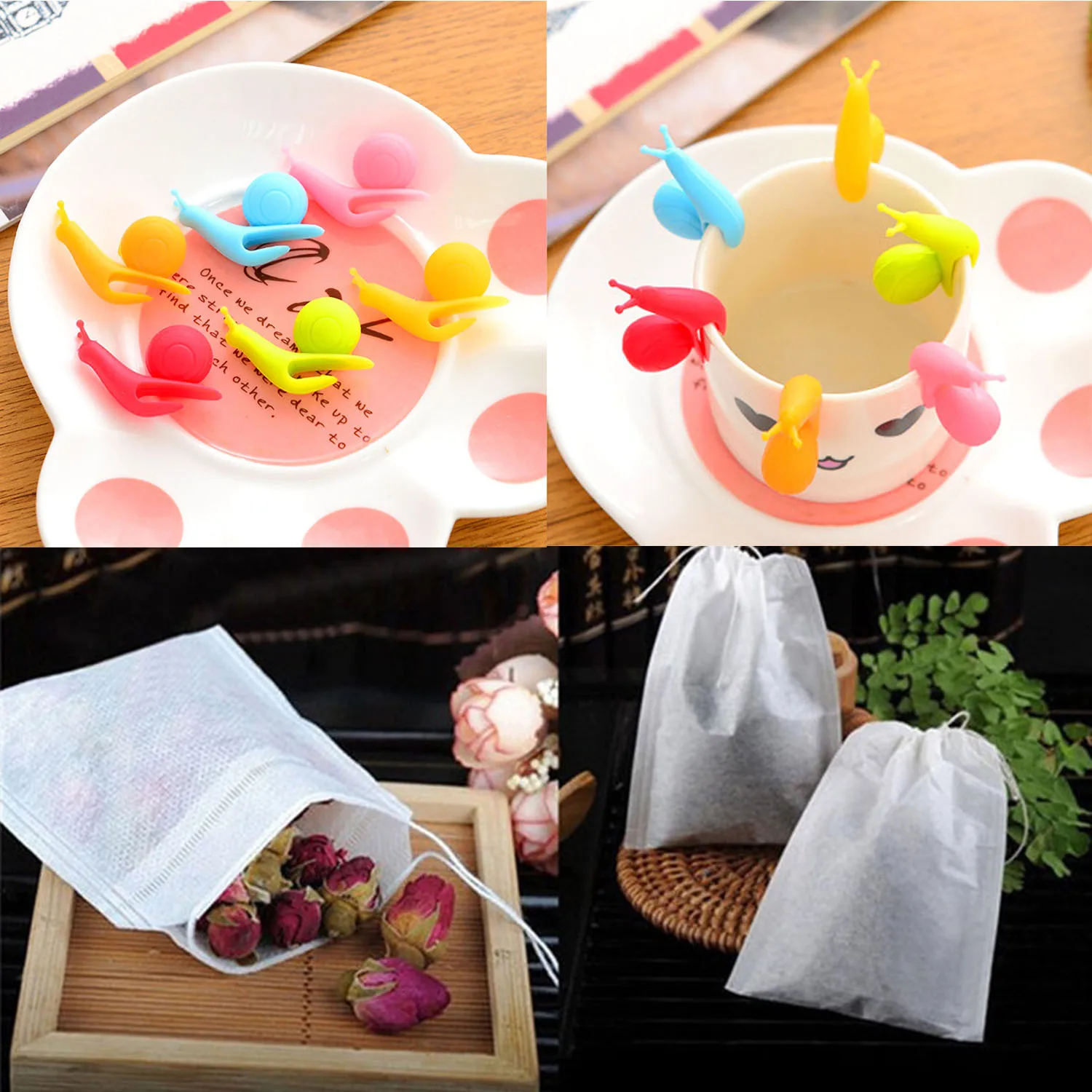 

Behogar 100PCS Disposable Non-woven Empty Tea Drawstring Filter Bag with 6PCS Snail Shape Holder for Home Office Cafe Restaurant