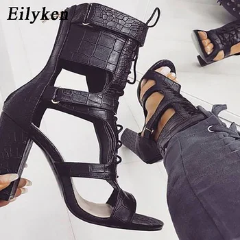 

Eilyken High Heels Sandals Women Pumps Cross-tied Zipper Women Shoes Fashion Black Serpentine Square heel Zapatos Mujer