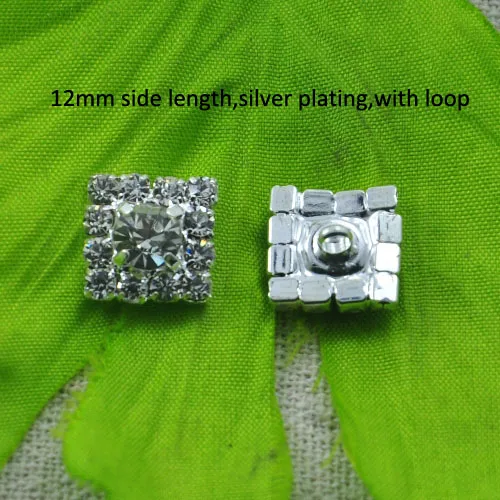 (L0020-12mm) wholesale free shipping 20pcs/lot 12mm square rhinestone button with loop at back silver or gold plating | Дом и сад