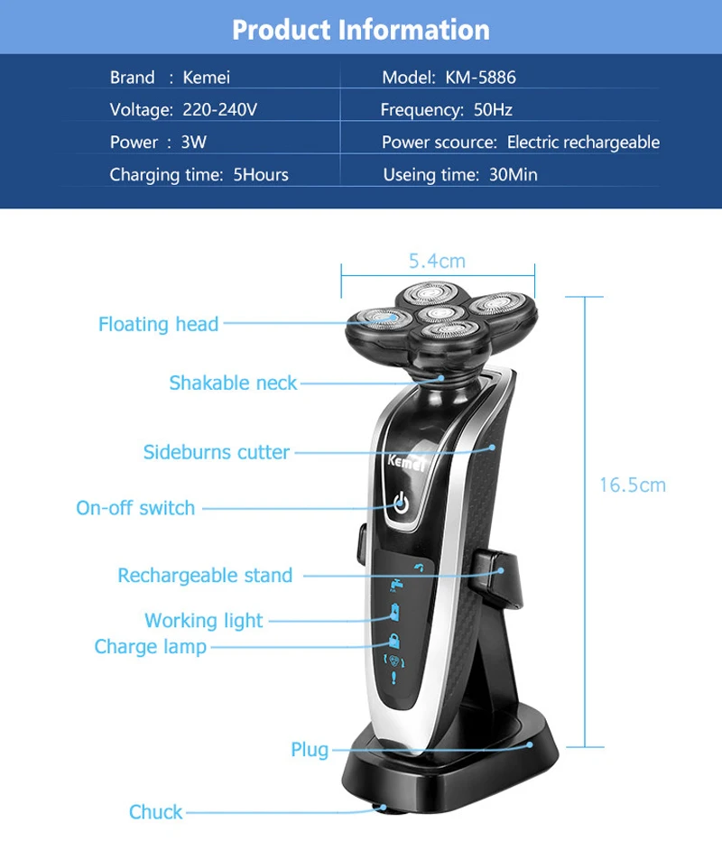 Kemei 3 в 1 мужская электробритва со сменными лезвиями бритва перезаряжаемый Эпилятор моющийся 5D плавающая головка EU Plug KM-5886