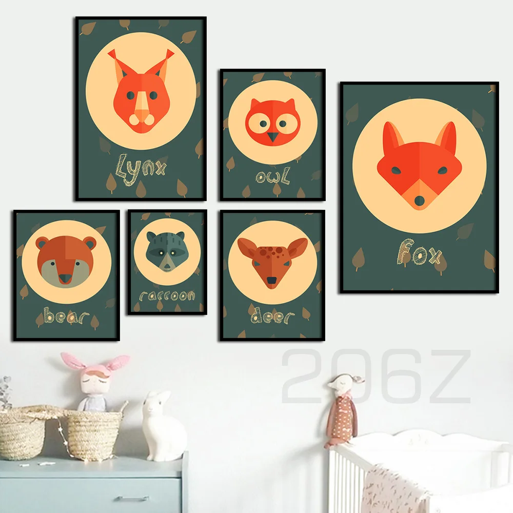 

Cartoon Fox Lynx Owl Bear Deer Raccoon Animal Nordic Posters And Prints Wall Art Pictures Kids Room Home Decor Canvas Painting