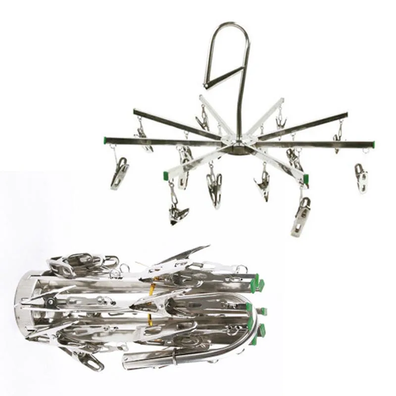 Laundry 16 pegs Folding Clip Hanger Clothes Clothespin Socks Underwear Airer Dryer Drying Stainless steel Silver