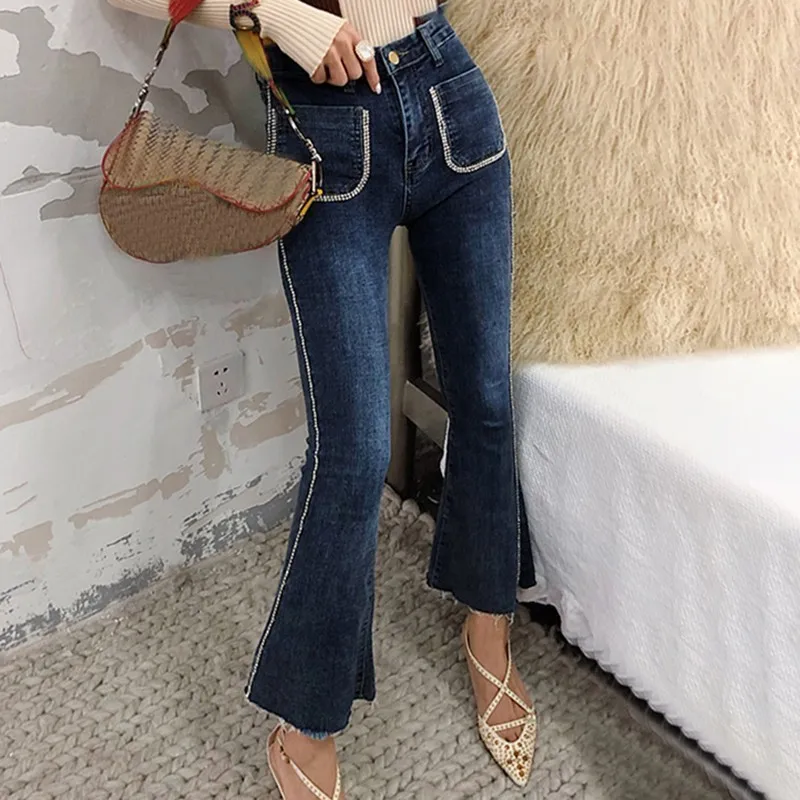 [LIVIVIO] Beadings Patchwork Jeans Women Fronts Pockets High Waist Denim Flare Pants Female Korean Autumn Fashion New