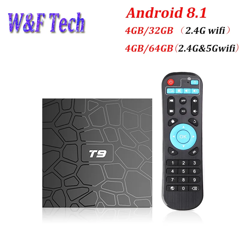 5 шт T9 4G 64G Android 8,1 ТВ-бокс на Rockchip RK3328 4 ядра 4 GB 32 GB Media Player 4 K 2,4G 5G WI-FI дополнительно Декодер каналов кабельного телевидения