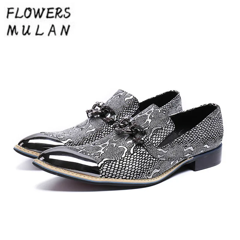 

Fish Upper Business Shoes Men Gold Metal Toe Slip On Casual Shoes Man Metallic Chain Buckle Slip On Dress Shoes Chunky Heel Male