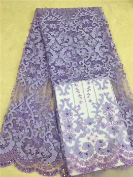 

Nigerian Lace Fabric 2019 High Quality Lace Appliqued African Tulle Lace Fabric laces With Beads For Party Dress Purple(FJ-4-19