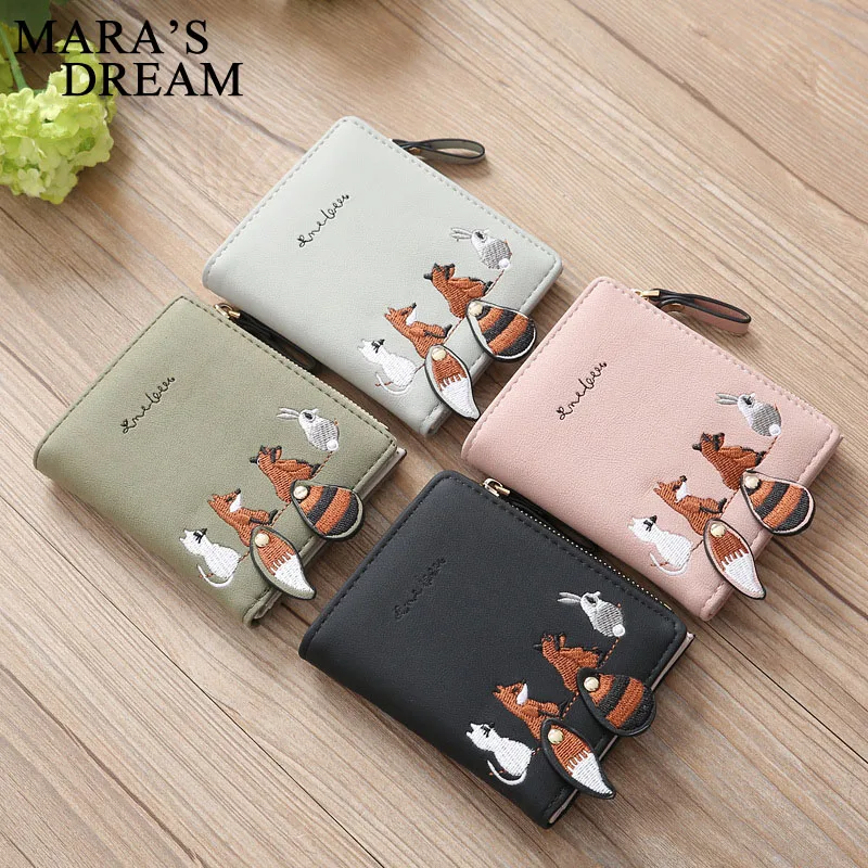 Женский кошелек Mara's Dream модный короткий с вышивкой лисы и застежкой молнией