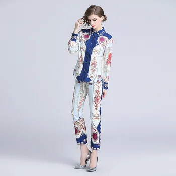 

Runway Clothing Suit Set 2019 Women's Long Sleeve Blouse Shirt and Vintage Blue Print Casual Pencil Pants Suit Two Piece Set