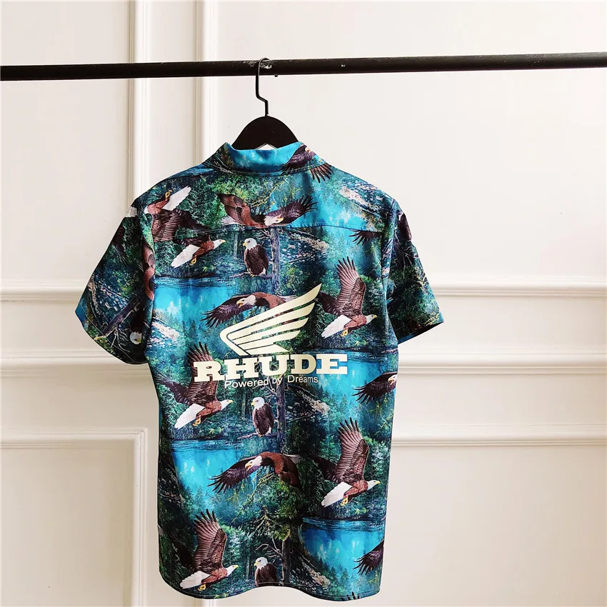 

RHUDE Truck Stop Eagle Soar High Quality Print Shirts 2019 VINTAGE Cotton Men Hip Hop Loose RHUDE Shirt Button Pocket Forest