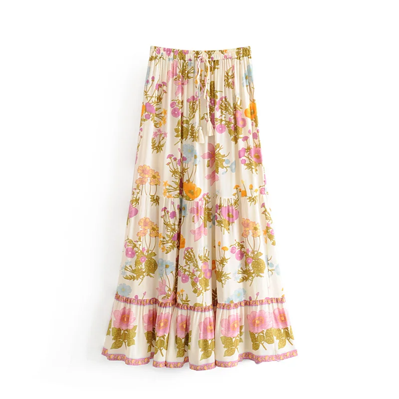

women boho chic summer vintage floral print maxi skirt fashion A line elastic waist lace up tassel beach skirt faldas mujer
