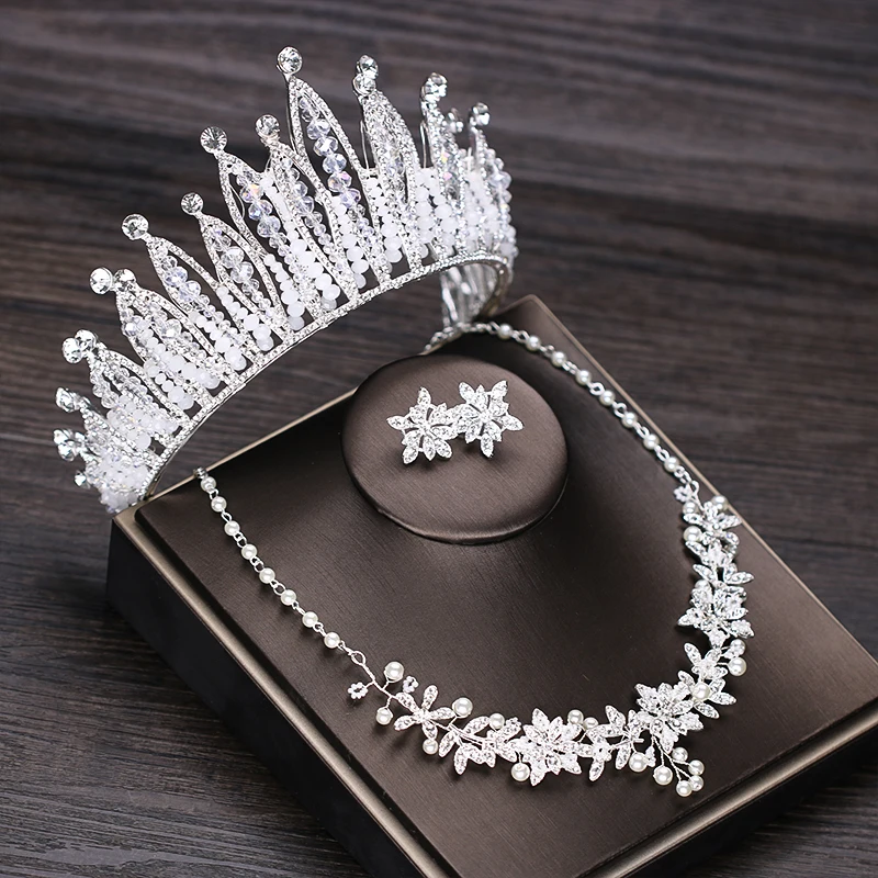 

Luxurious Rhinestone Wedding Crown and Tiaras Pearl Necklace Earrings Bridal Jewelry Sets Wedding Bride Head Jewelry Accessories