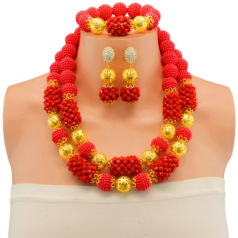 

Fashion Splendid RedCrystal Costume Necklaces Nigerian Wedding African Beads Jewelry Set