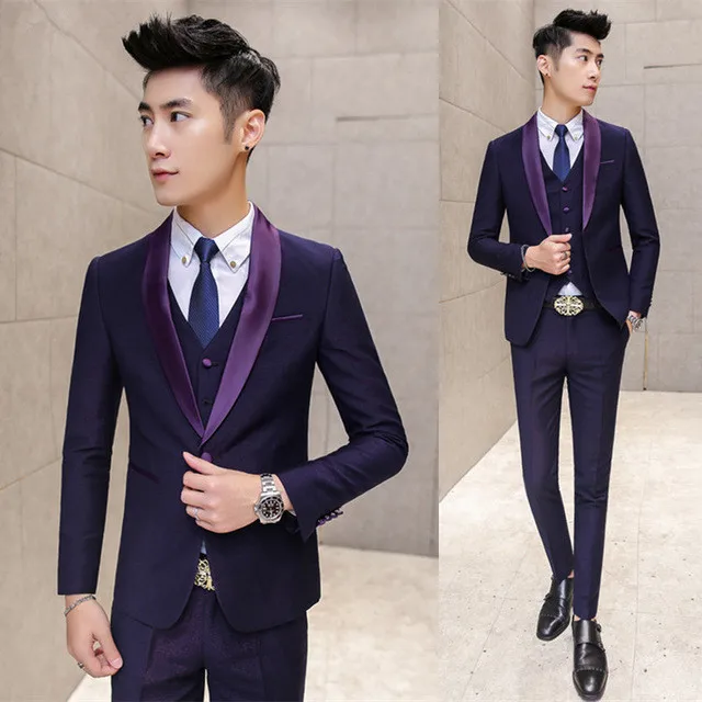 Us 6328 44 Offpurple Prom Suit Costume Mariage Homme Navy Purple Tuxedos For Men Suits Wedding Groom Slim Fit Shinny Collar Formal Suit Men In