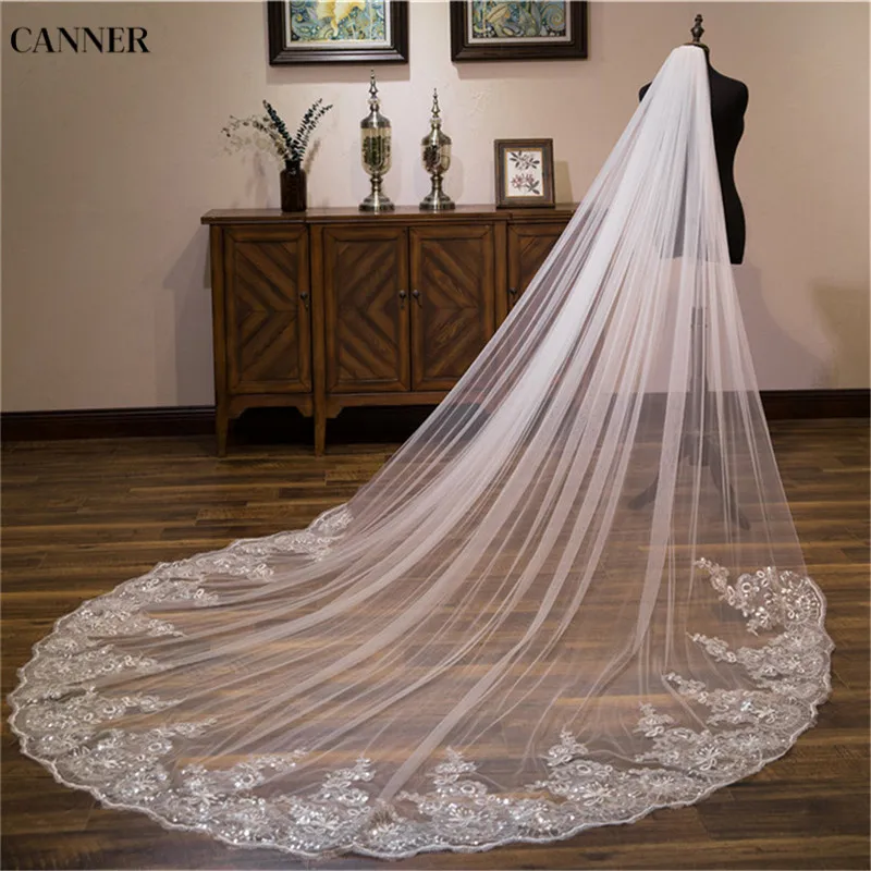 Canner Luxury 4 Meters Full Edge With Lace Bling Sequins Long Wedding Veil With Comb White Lvory Bridal Veils