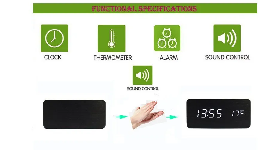 Белый светодиодный Будильник с деревянной доской+ термометр температуры цифровые часы Голосовая активация, батарея/USB подарок маленькие электронные часы