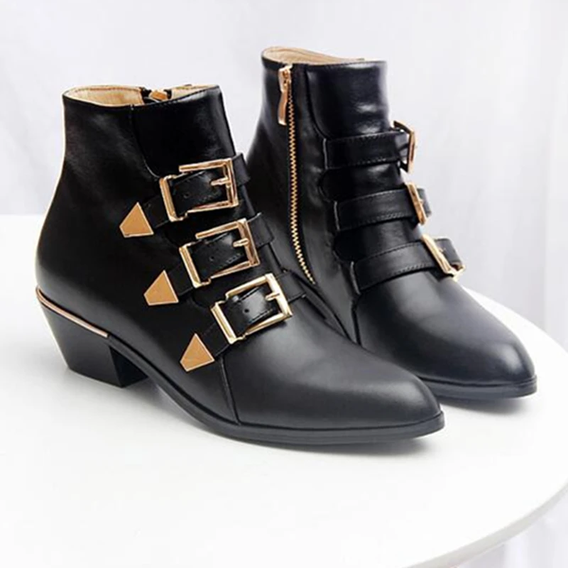 

Pointed Toe Metal Buckle Ankle Boots Women Flat Genuine Leather Winter Shoes Ladies Gladiator Motorcycle Boots zapatos de mujer