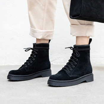 

EshtonShero Shoes Woman Women Ankle Boots Square Low Heels Cow Leather/Kid Suede Lace Up Ladies Motorcycle Riding Boots Size 3-9