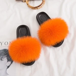 Лидер продаж; женские шлепанцы с лисьим мехом; коллекция года; модные шлепанцы с натуральным лисьим мехом; Летняя обувь на плоской подошве; Милая женская обувь - Цвет: Оранжевый