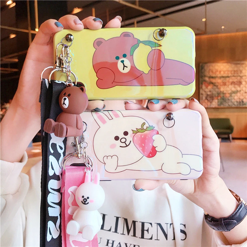 

Cute 3D Cartoon Bear Rabbit Blue Light IMD Case For iPhone XS XR XS MAX Doll Hanging Rope Case For iphone X 6 6S 7 8 Plus Case
