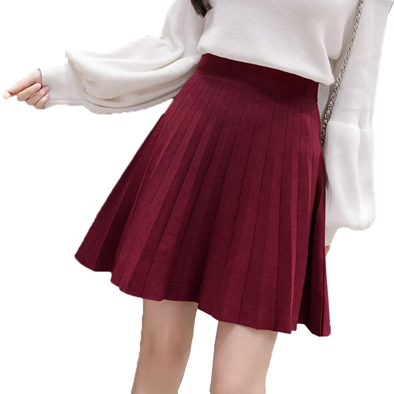Осень-зима, Вязаные Теплые юбки, женская мода, высокая талия, сплошная плиссированная Сексуальная мини-юбка, Женские Черные Серые юбки NW1012