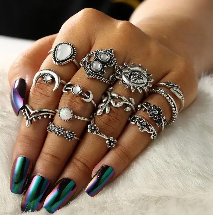 

14 Pcs/ Set Punk Crystal Moon Flower Leaves Water Drop Tarot Symbol Irregular Joint Ring Women Charm Silver Ring Set Combination