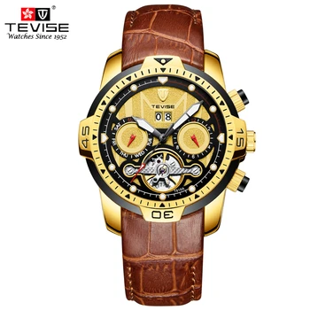 

TEVISE Men's Mechanical Watches Automatic Self Wind Watch Leather Bracelet Tourbillon Auto Date Week Display Luxury Wristwatches